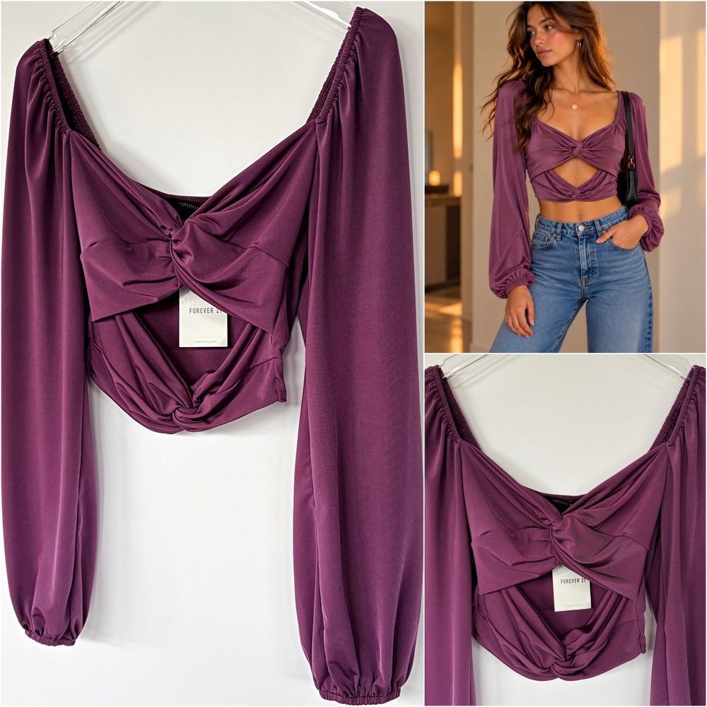 NWT Forever 21 Plum Shimmer Twist Front Cutout Crop Top M Party Holiday Y2K Fall